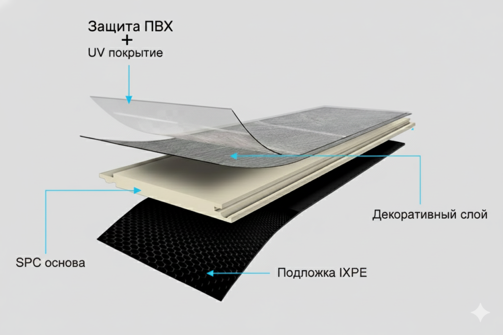 Диаграмма многослойной структуры SPC кварцвинила, показывающая слои: защитный полиуретановый лак, декоративный ПВХ-слой, каменно-полимерный сердечник SPC и интегрированную подложку (опционально).